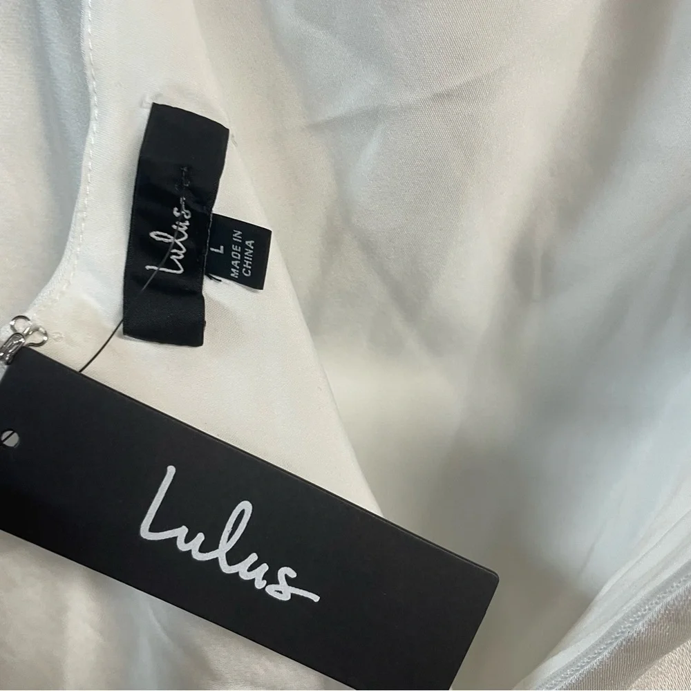 LULUS Women's Satin Deep V-Neck Halter Slit Maxi Dress Size L In White - Picture 4 of 7